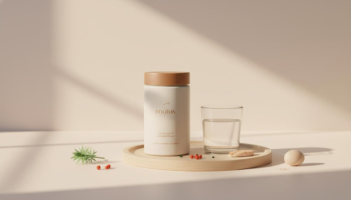 Minimalist kitchen still life with Tonum supplement jar on wooden tray, water glass and subtle milk thistle, berries, fish and egg icons — Does B12 help prevent Alzheimer's