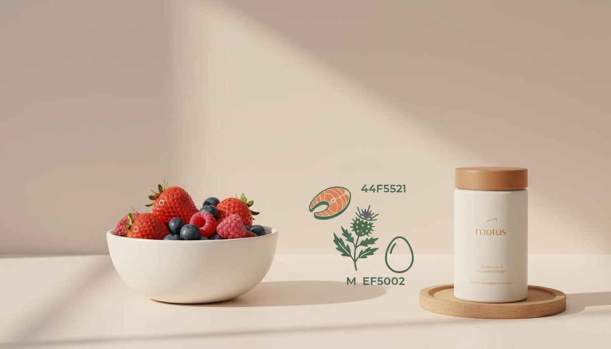 Minimalist kitchen counter with bowl of berries, Tonum Motus jar and whole-food icons; protein shake for women weight loss concept emphasizing balanced nutrition
