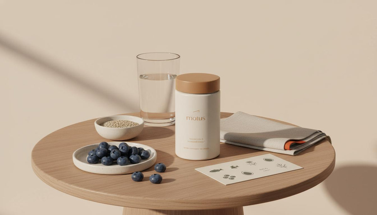 Minimalist photo of Tonum supplement jar on wooden table with blueberries, milk thistle seeds and fish icon card, suggesting cognitive support — what supplement clears brain fog