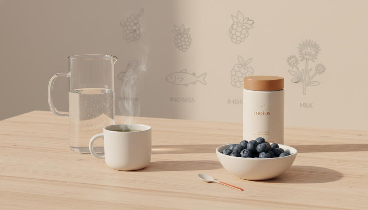 Minimalist still-life of green tea, blueberries, carafe and Tonum supplement jar on beige background, illustrating what drink improves memory in a calm health-focused scene