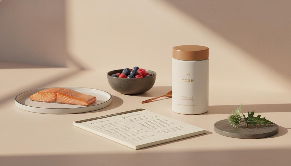 Minimal kitchen counter with Tonum Motus supplement jar beside a bowl of berries, a salmon fillet and an open meal-plan notebook — supportive scene for weight loss for women over 50