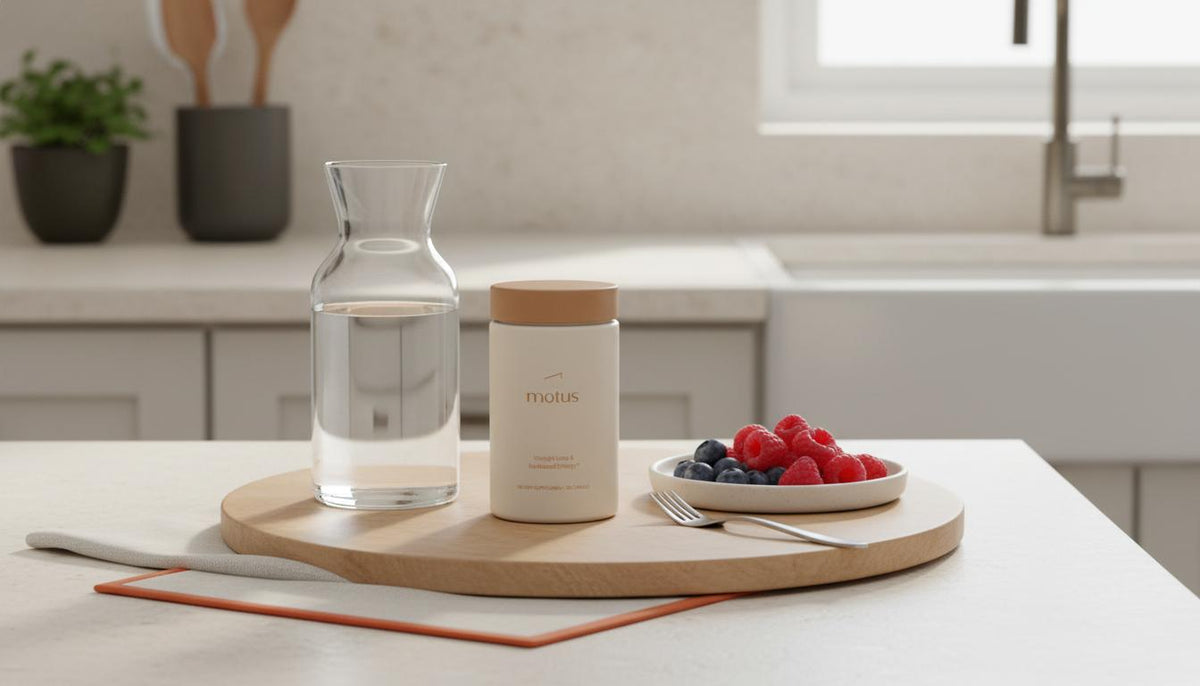 Minimalist kitchen counter with Tonum Motus supplement jar next to a glass carafe, fresh berries and fork, clean clinical-lifestyle styling suggesting weight-loss routine and belly fat in 2 weeks.
