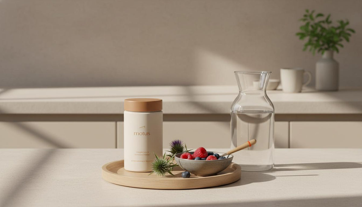Minimalist kitchen counter with Tonum 'Motus' supplement jar on a wooden tray beside a carafe, bowl of berries and milk thistle — how to take chromium for weight loss