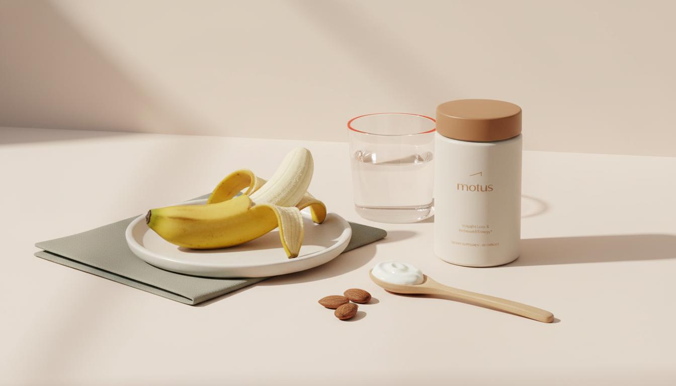 Minimalist still-life of a peeled banana on a ceramic plate with the Tonum Motus supplement jar, a spoonful of Greek yogurt, almonds and water — banana weight loss, evidence-based nutrition.