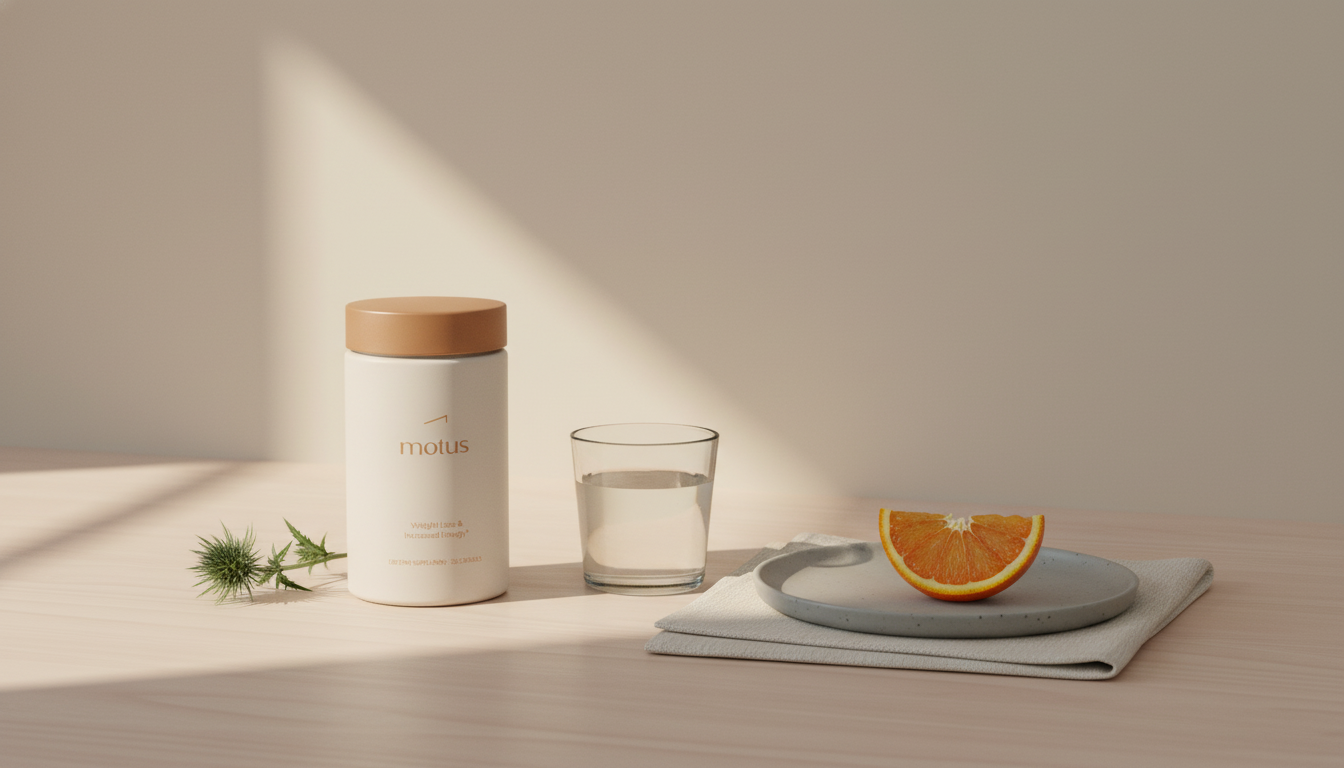 Minimal morning counter with Tonum supplement jar, glass of water, linen napkin and orange slice, evoking a calm bariatric multivitamin routine.