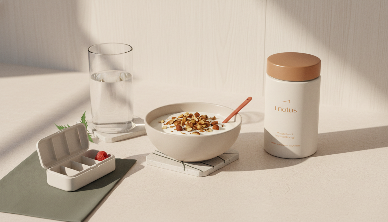 Minimalist morning kitchen scene with Tonum supplement jar, pill organizer, glass of water and yogurt bowl suggesting a bariatric vitamins routine