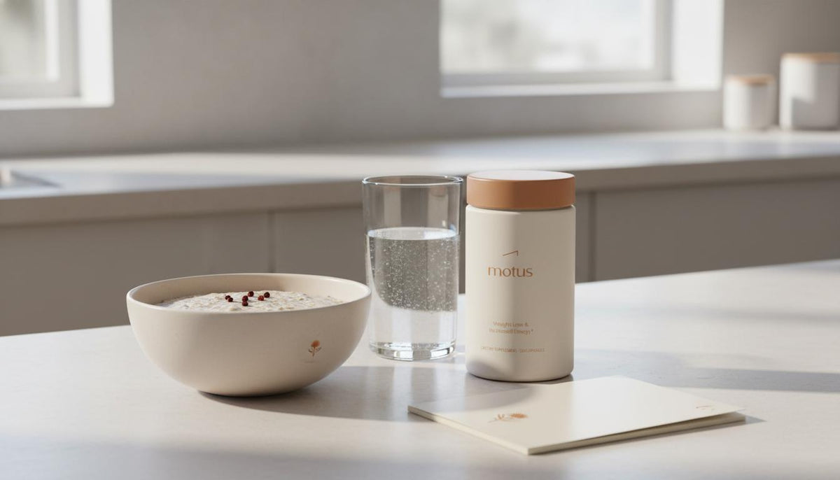 Minimalist kitchen counter with a bowl of oats, glass of water, Tonum product from reference photos and research booklet in soft morning light, promoting fiber supplements