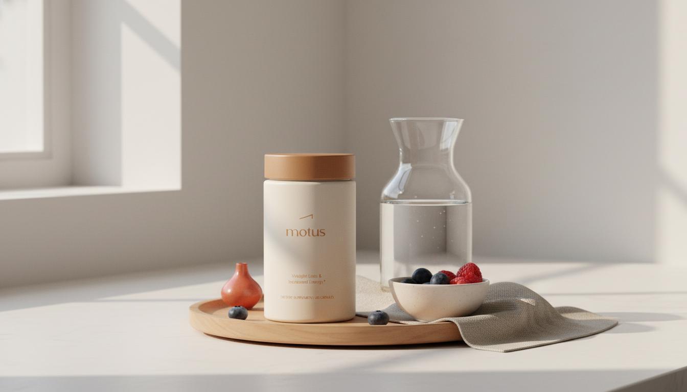 Minimalist kitchen scene showing Tonum Motus supplement jar beside a carafe of water and a bowl of berries on a wooden tray — what pills flatten the stomach