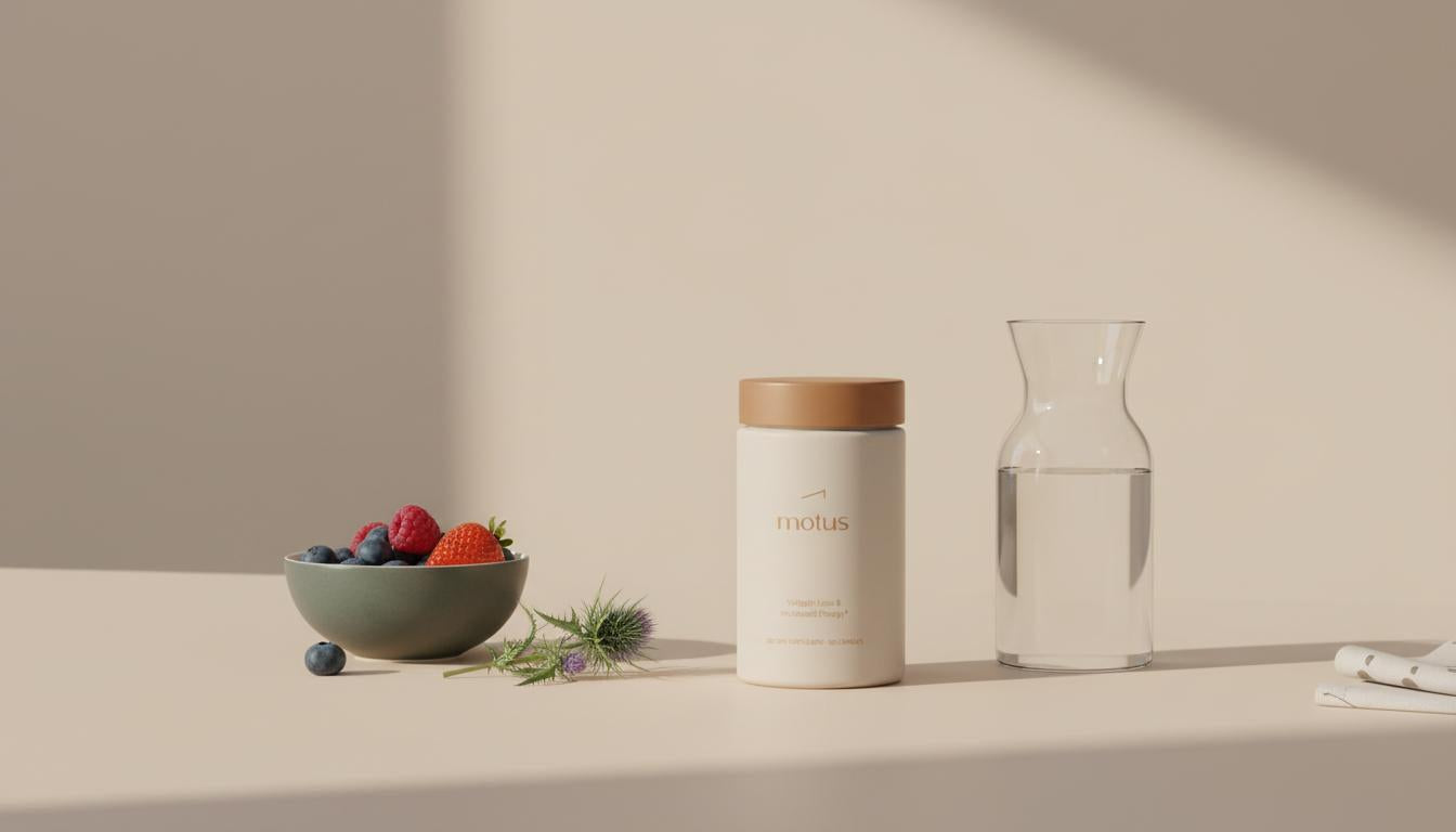Minimalist Tonum Motus supplement jar on a Scandinavian tabletop beside berries and a milk thistle sprig, illustrating probiotics for menopause belly daily ritual