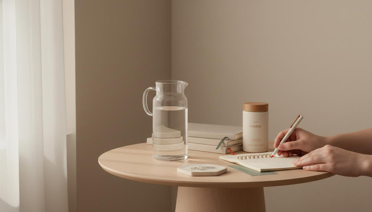 Minimalist morning workspace with a Tonum supplement jar from the reference on a wooden table beside a glass carafe, notebook and hands reaching for a pen — vitamin for focus