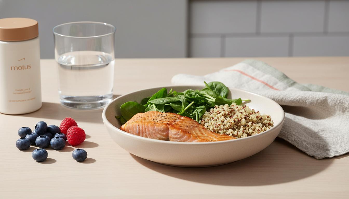 Balanced plate with grilled salmon, quinoa and mixed greens beside a partially blurred Tonum Motus jar on a minimalist kitchen counter highlighting 40-40-20 macros.