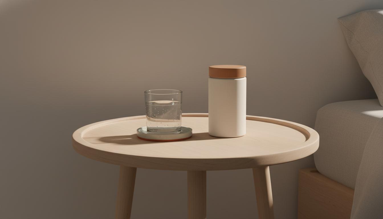 Minimalist bedside hero image of a Tonum supplement bottle silhouette next to a glass of water, suggesting a restful nighttime vitamin routine for metabolism and glucose support.