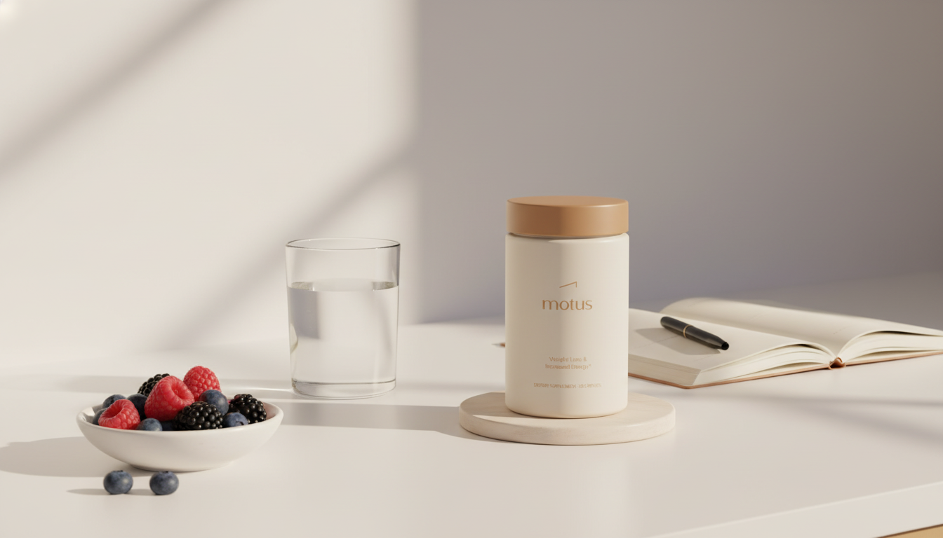 Minimalist kitchen scene with Motus supplement as a belly fat burner next to water, notebook and bowl of berries on a soft #F2E5D5 background.