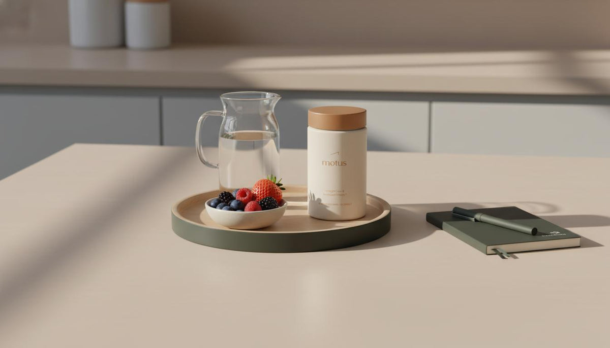 Minimalist kitchen countertop with Tonum Motus jar beside a water carafe, bowl of berries and notepad in a calm lifestyle scene promoting belly fat burner pills.
