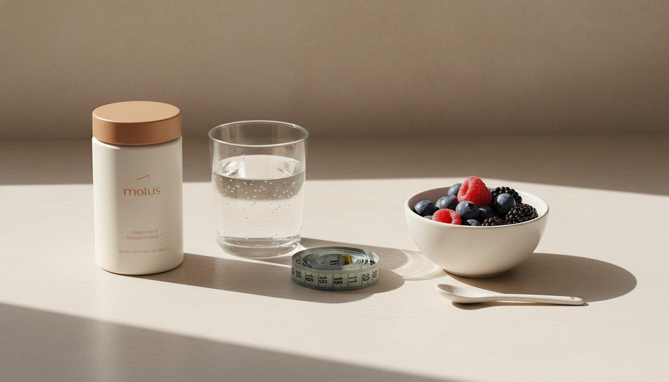 Minimalist kitchen counter with Motus supplement jar beside water, measuring tape and bowl of berries, reflecting Tonum brand and belly fat burner side effects context.