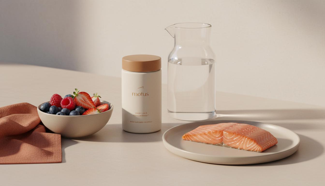 Minimalist kitchen counter with Tonum Motus supplement jar beside mixed berries, a fatty fish fillet and a carafe of water, suggesting nutrition for reducing belly fat.