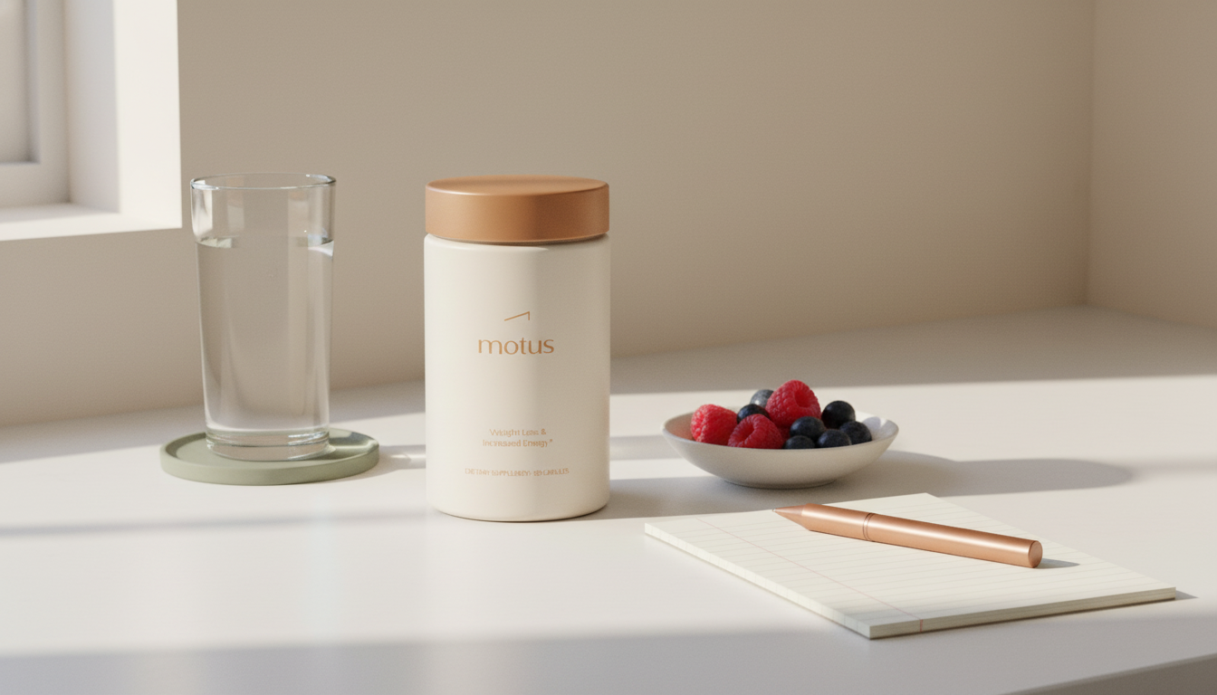 Minimalist kitchen scene with Tonum Motus supplement jar beside a glass of water, bowl of berries and notepad suggesting a research-backed daily routine and belly fat pills.