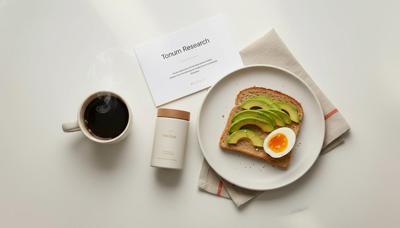 Minimalist flat-lay breakfast with coffee, balanced plate, Tonum research brochure and product, illustrating berberine and caffeine interaction considerations.