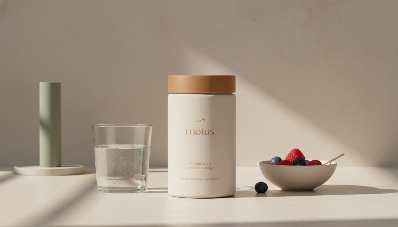 Minimalist kitchen counter with Tonum Motus container, glass of water and bowl of berries, illustrating berberine appetite suppression and research-backed metabolic support.