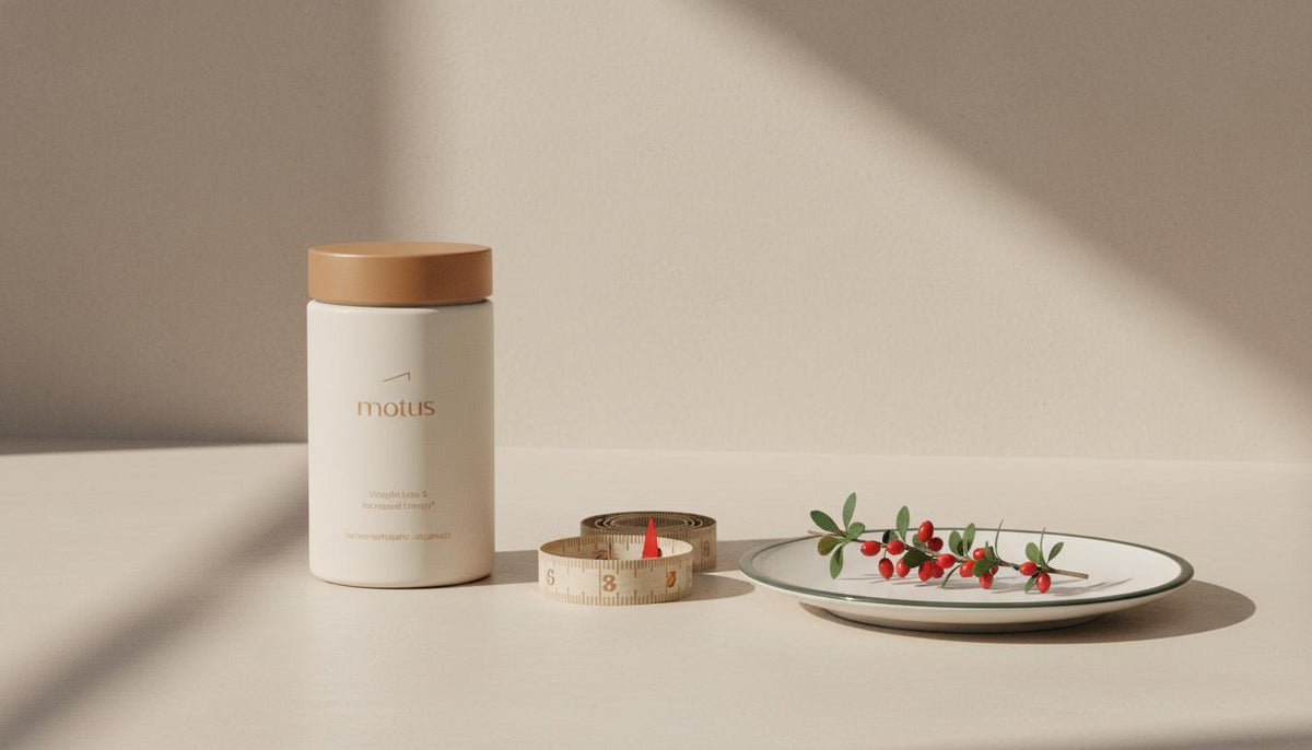 Tonum Motus container beside a sprig of barberry and a tape measure on a beige countertop, minimalist clinical-lifestyle composition for berberine belly fat
