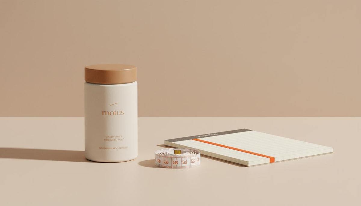 Minimalist tabletop with Tonum Motus container, notepad and coiled measuring tape on beige background, evoking measured, evidence-based steps to reduce berberine belly fat.
