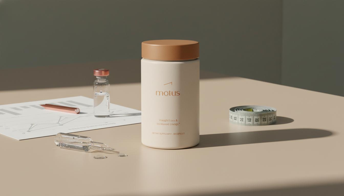Tonum Motus supplement on matte lab table with vial, research chart and coiled tape measure suggesting berberine belly fat reduction on a beige background.