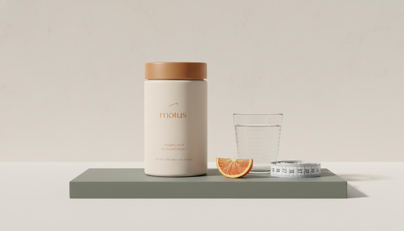 Minimalist Tonum supplement jar on soft #F2E5D5 background with a glass of water and measuring tape, subtle #EF5023 accent, evoking berberine belly fat reduction