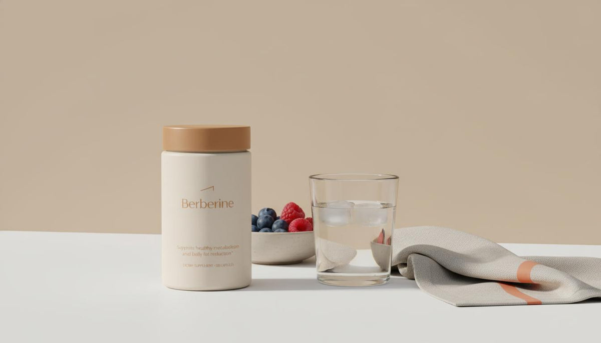 Minimalist tabletop with Tonum supplement bottle, glass of water and bowl of berries on beige background suggesting berberine belly fat support
