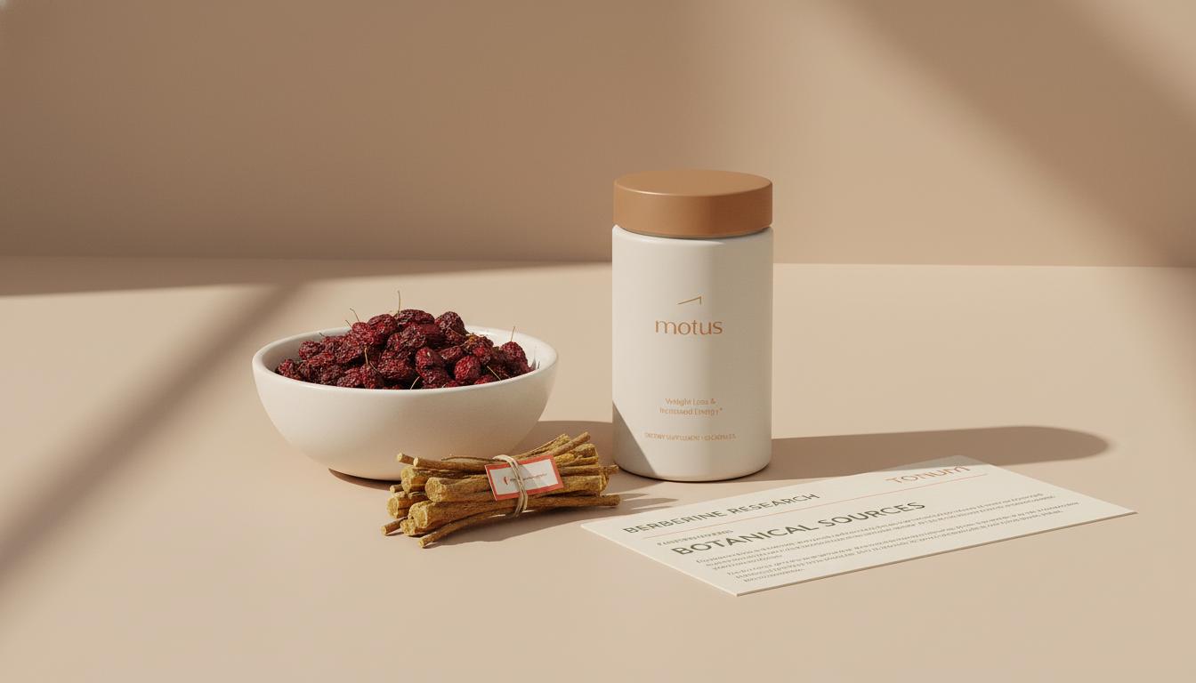 Minimalist still-life of dried barberry berries and root bark in a ceramic bowl beside a Tonum supplement container and a partial research card on a #F2E5D5 background, illustrating berberine sources.