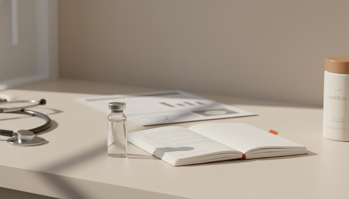 Minimal clinical-lifestyle scene with botanical extract vial, open notebook, lab summary sheet and stethoscope edge, Tonum Motus container reference emphasizing berberine research