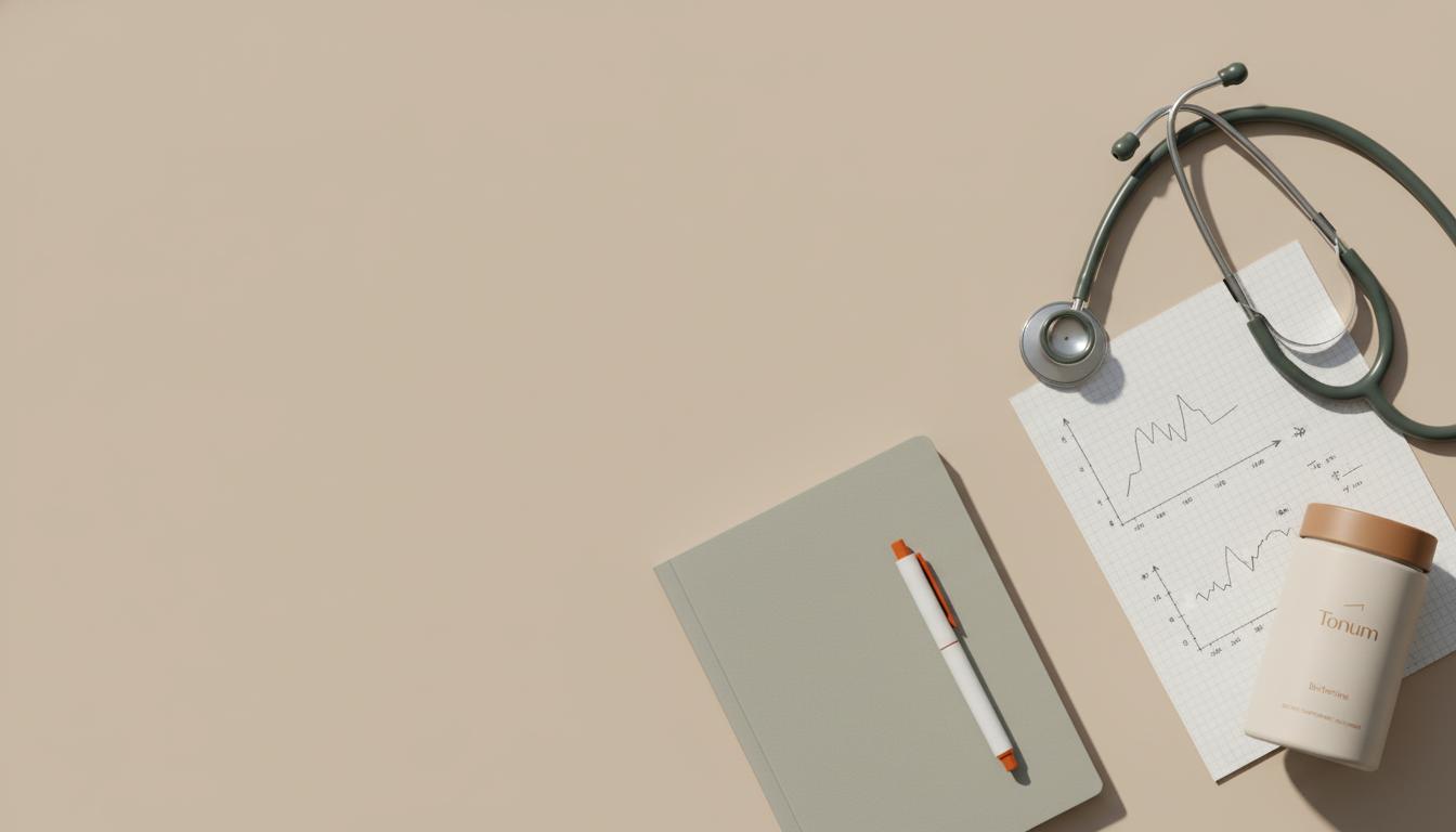 Minimalist flat-lay of Tonum berberine supplement jar partially visible on beige background beside notebook, pen, stethoscope and lab page with trial graphs.