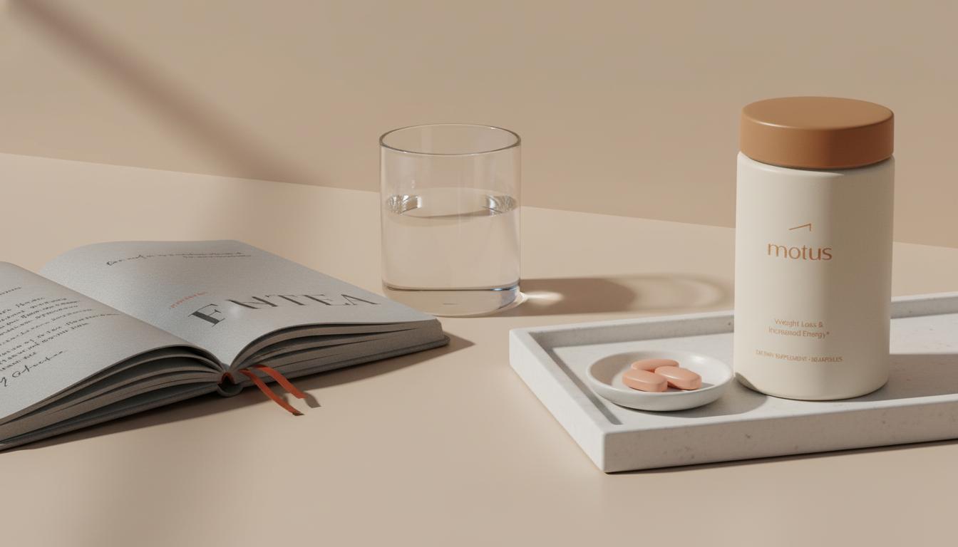 Minimalist product shot of Tonum Motus container on a ceramic tray with a small dish of capsules, open notebook and glass of water — visual for berberine dosage for weight loss.