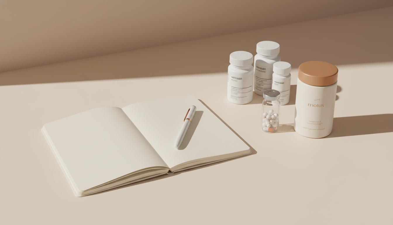Minimal flat-lay of Tonum supplement container with prescription bottles and open notebook for berberine drug interactions medication review on a soft cream background