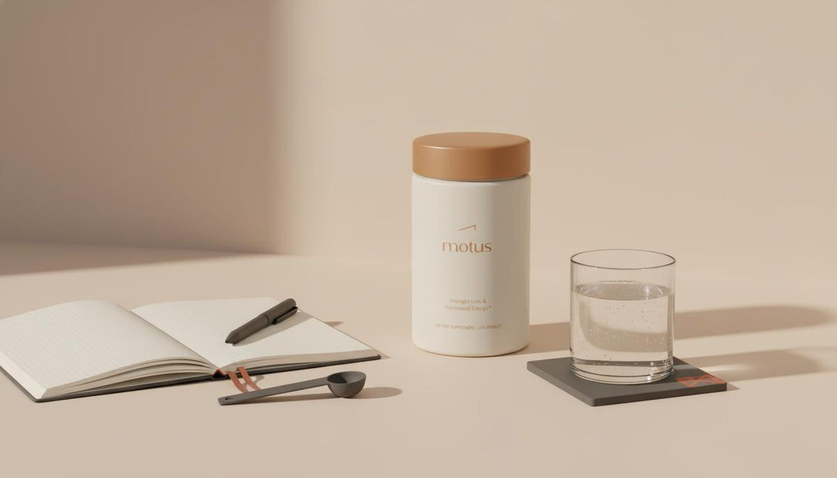 Minimalist countertop with a glass of water, notebook, pen, and Tonum supplement container from reference, suggesting cautious monitoring of berberine edema