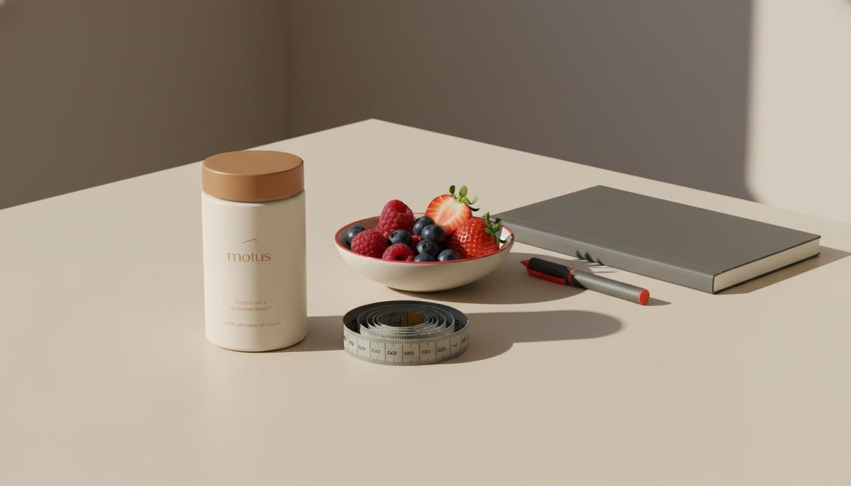 Minimalist tabletop with Tonum Motus supplement jar beside a measuring tape, bowl of mixed berries and a notebook, conveying measured weight management — berberine for belly fat