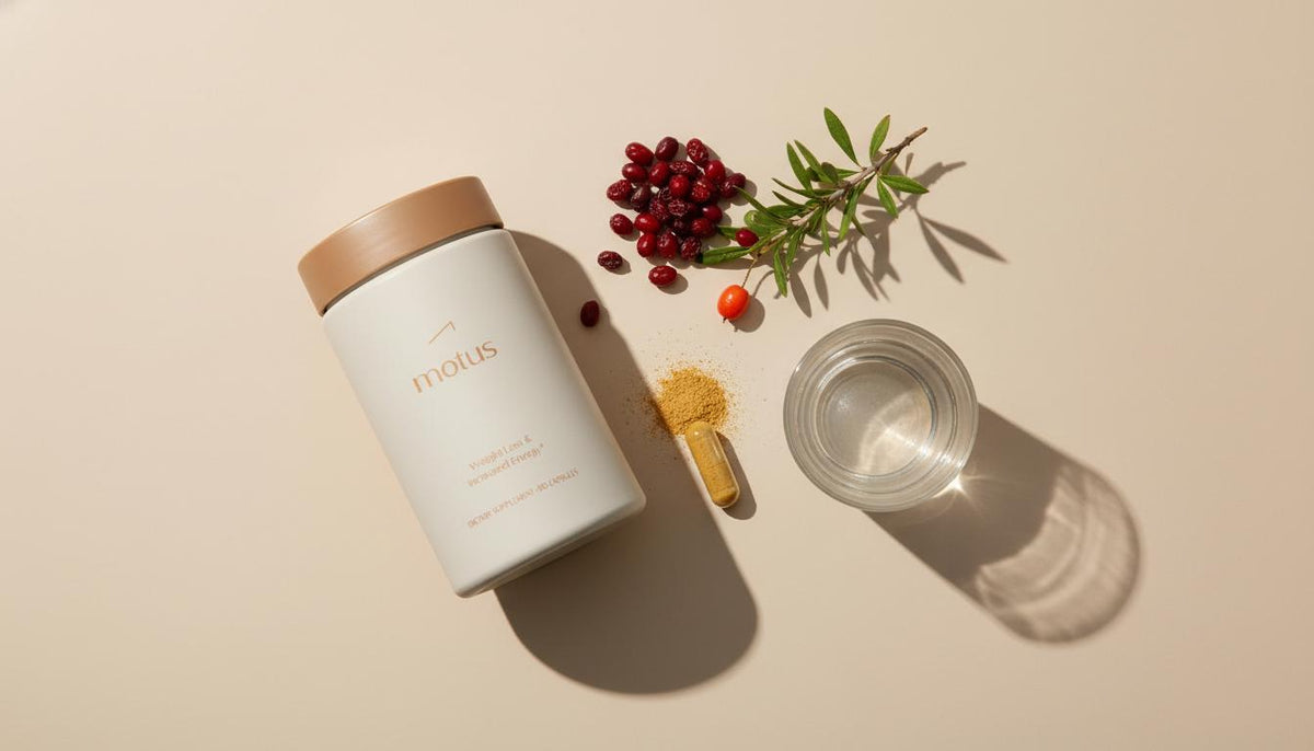 Minimalist flat lay of dried and fresh barberry and a Tonum supplement jar labeled Motus with an open capsule of golden powder and a glass of water on a beige background — berberine for weight loss