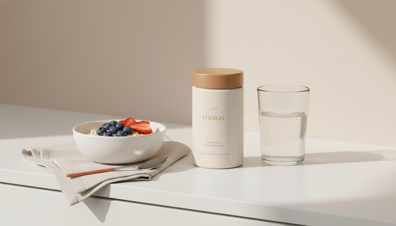 Minimalist still life of a Tonum Motus container beside oats with berries and a glass of water on a white counter in soft morning light – berberine for weight loss.