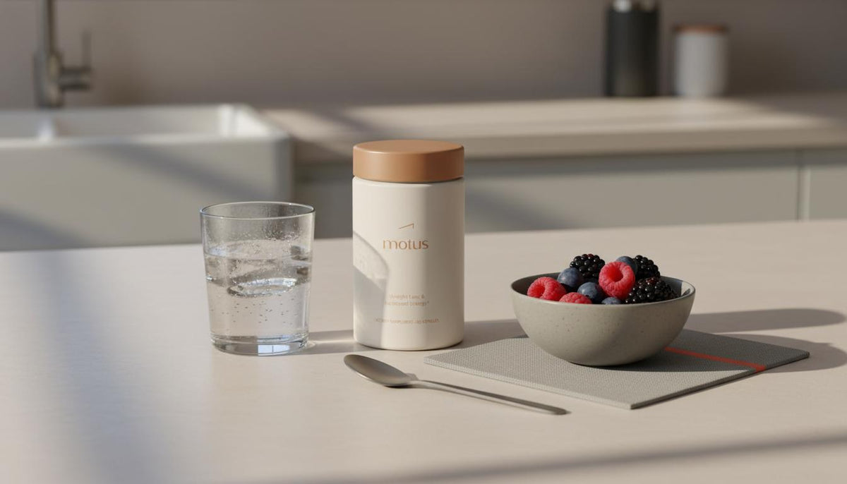Minimalist kitchen counter with Tonum supplement container beside a glass of water and bowl of berries on a beige background, conveying berberine for weight loss in a calm, scientific lifestyle context.