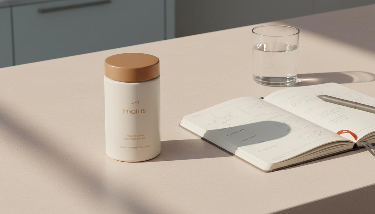 Minimalist clinical lifestyle photo of a Tonum supplement container on a clean countertop with notebook and water, conveying a berberine hcl daily routine.