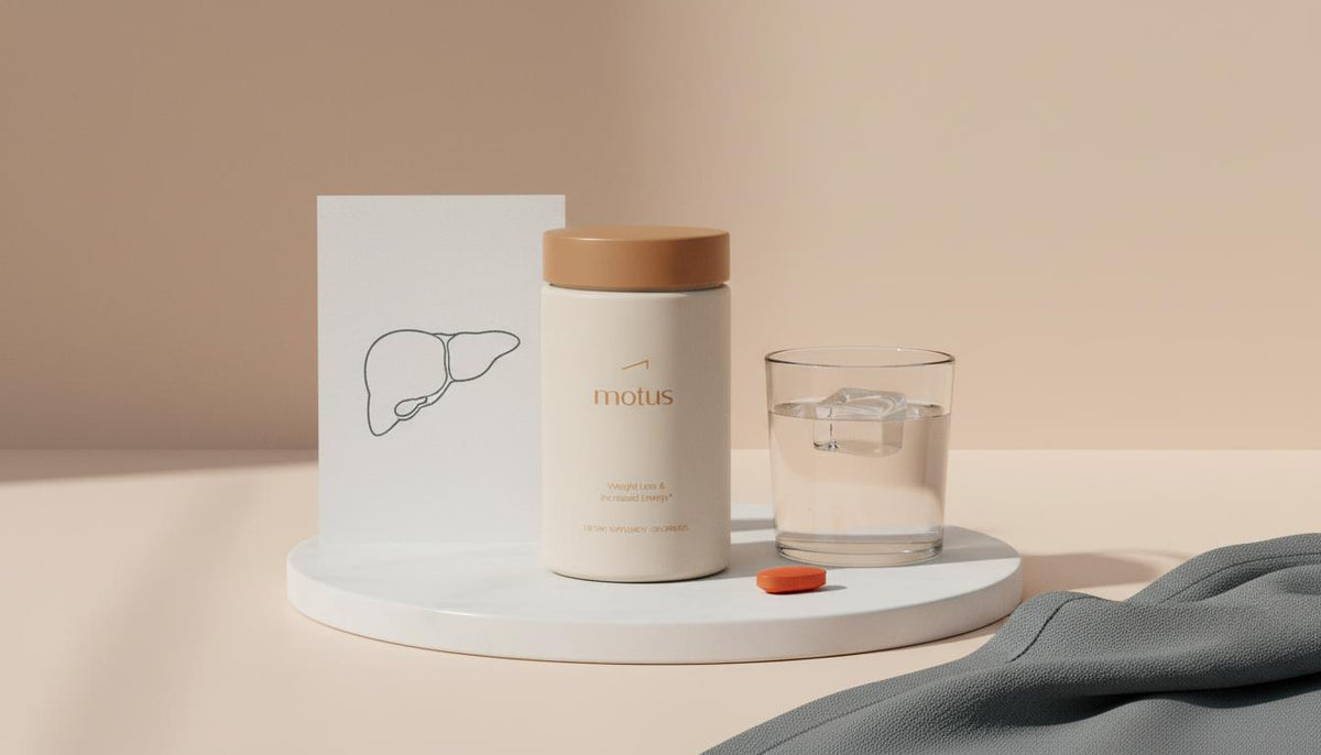 Minimalist full-frame photo of the Tonum supplement jar with a simple liver illustration, glass of water and orange capsule accent illustrating berberine liver toxicity.