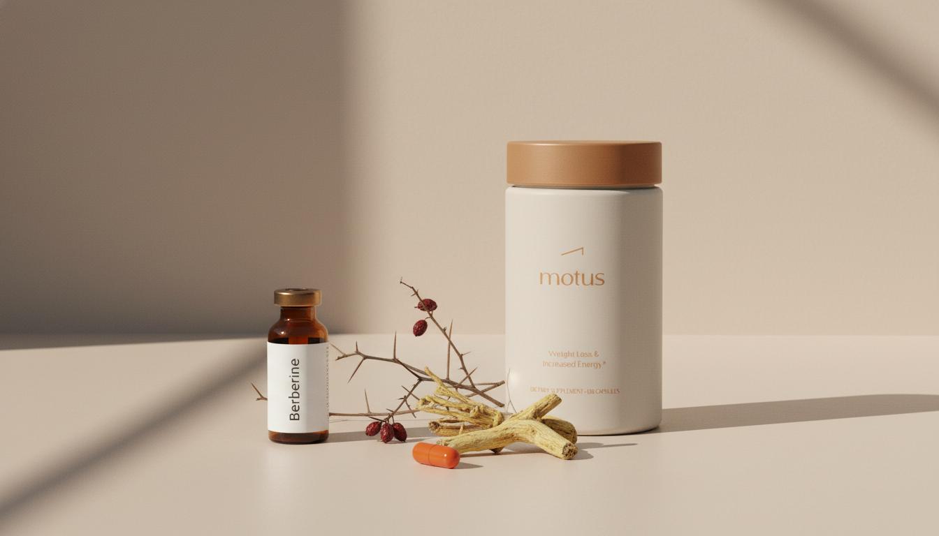 Minimalist lab‑style still life of an amber berberine vial, Tonum Motus supplement container and dried barberry and goldenseal on beige background — berberine liver toxicity