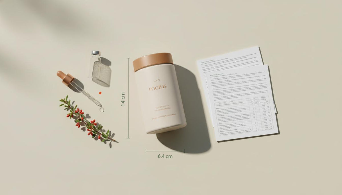 Flat-lay of Tonum Motus bottle with barberry sprig, glass vial, pipette and printed study pages on a light beige background, minimalist clinical banner about berberine.