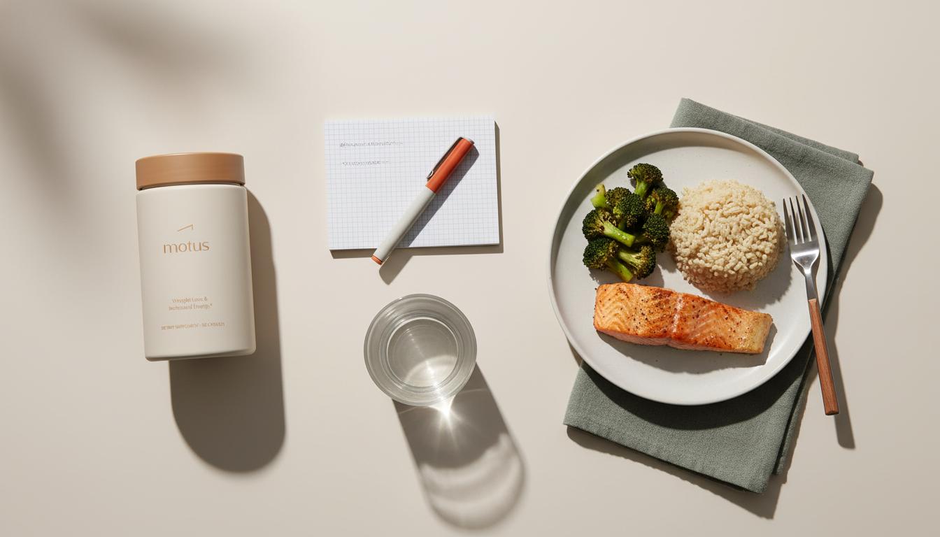 Minimalist flat-lay of Tonum Motus supplement jar for berberine beside a lab notebook, glass of water and a balanced whole-food plate on #F2E5D5 background