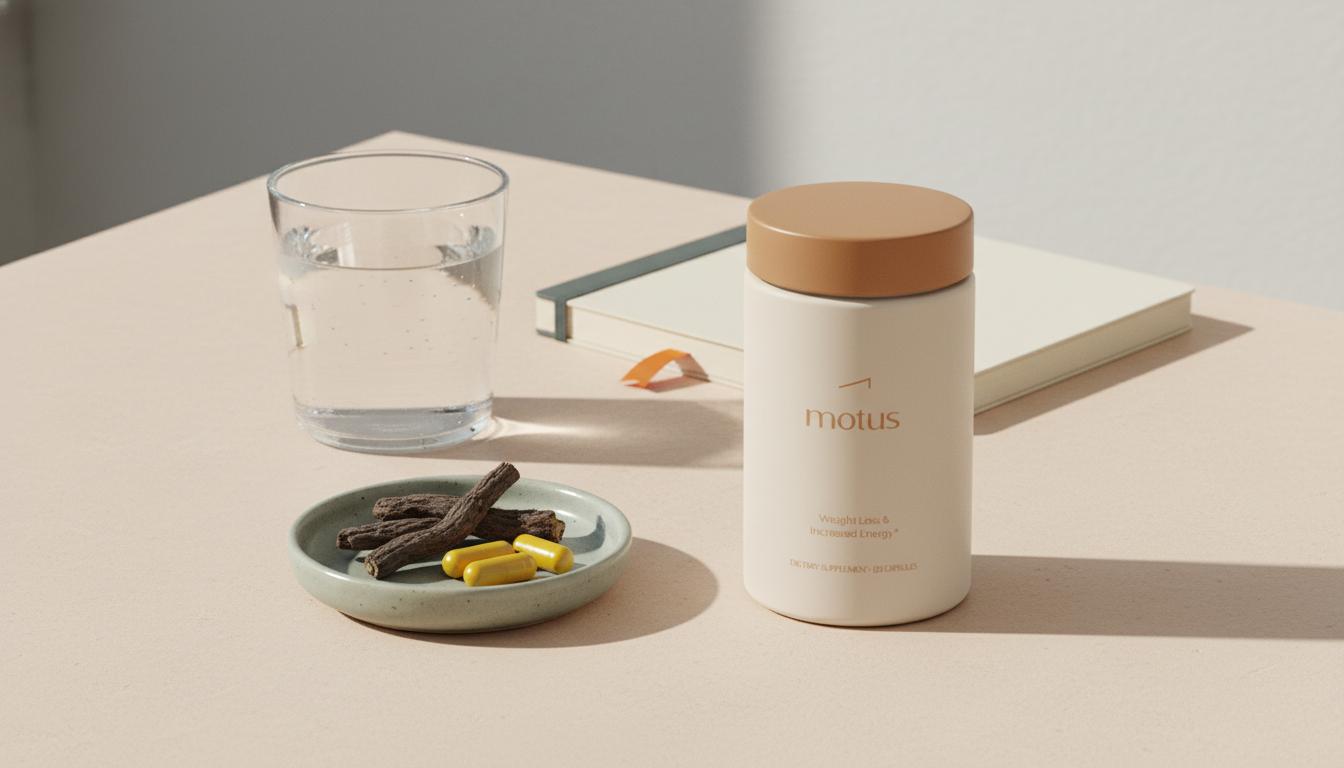 Tonum Motus container beside berberine roots and capsules on a pale beige tabletop with a glass of water and notebook in a minimalist clinical-lifestyle composition.