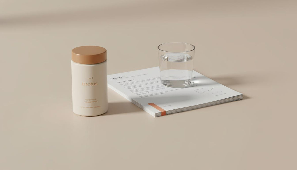 Tonum supplement container on a neutral beige tabletop with a research paper and glass of water in a minimalist clinical vignette focused on berberine and careful decision-making