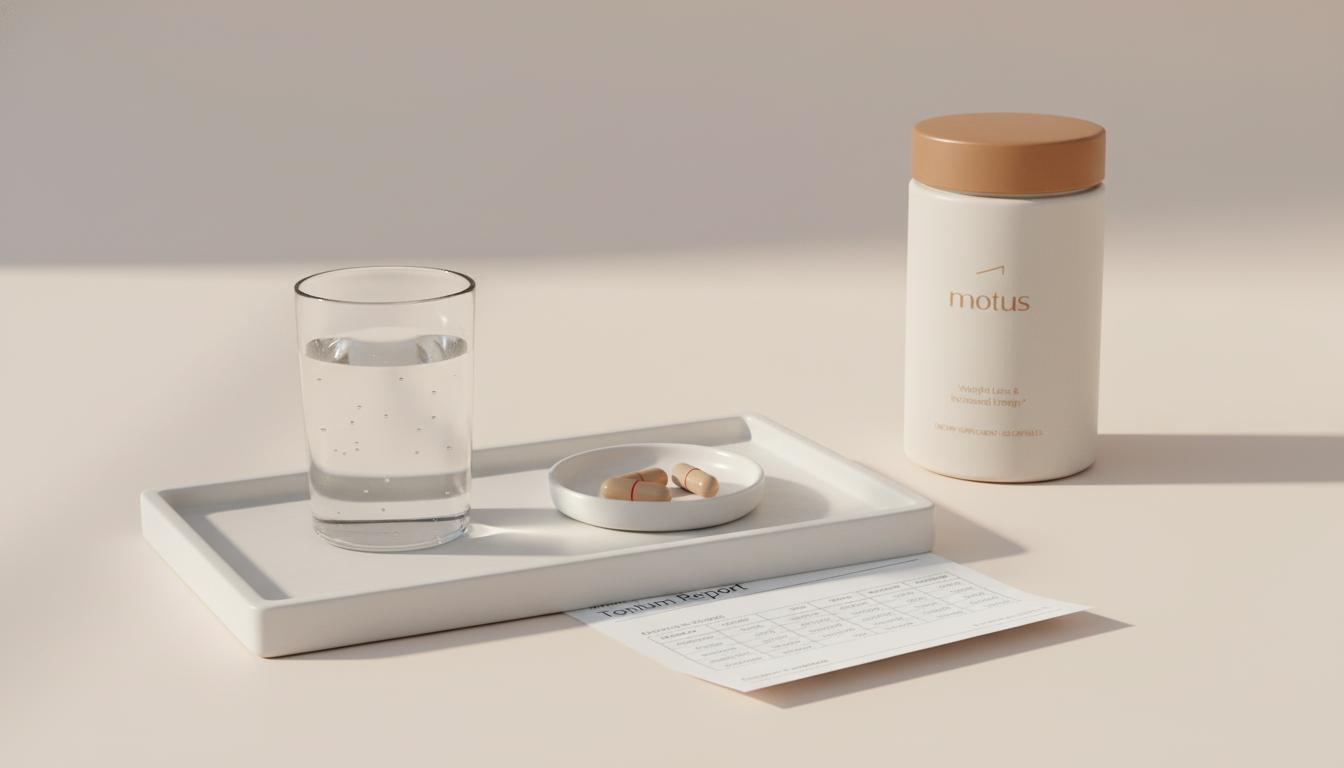 Minimalist still-life of health monitoring items with Tonum Motus supplement jar, lab tray, glass of water and lab report illustrating a berberine results timeline.