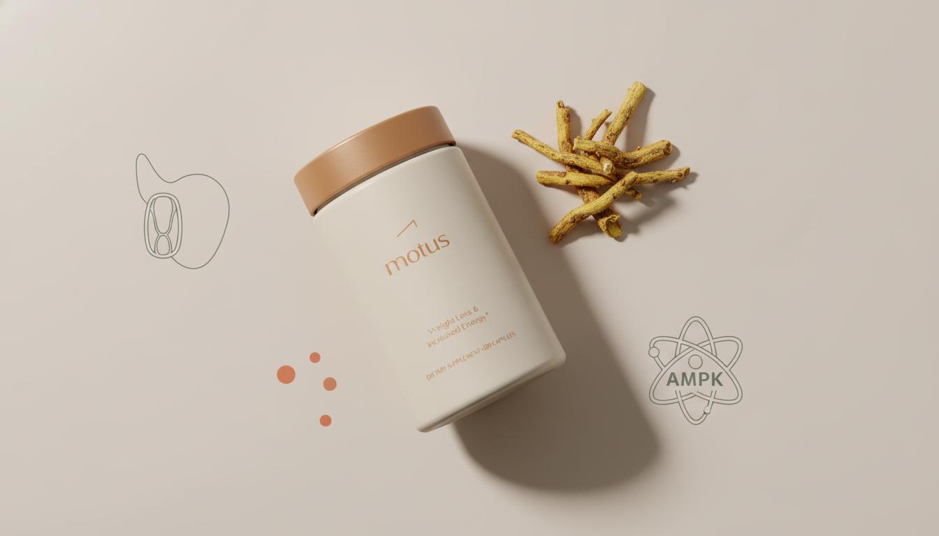 Minimalist flat-lay of Tonum supplement container with berberine-containing barberry roots on beige background #F2E5D5, with subtle mitochondrion and AMPK line icons in brand tones.