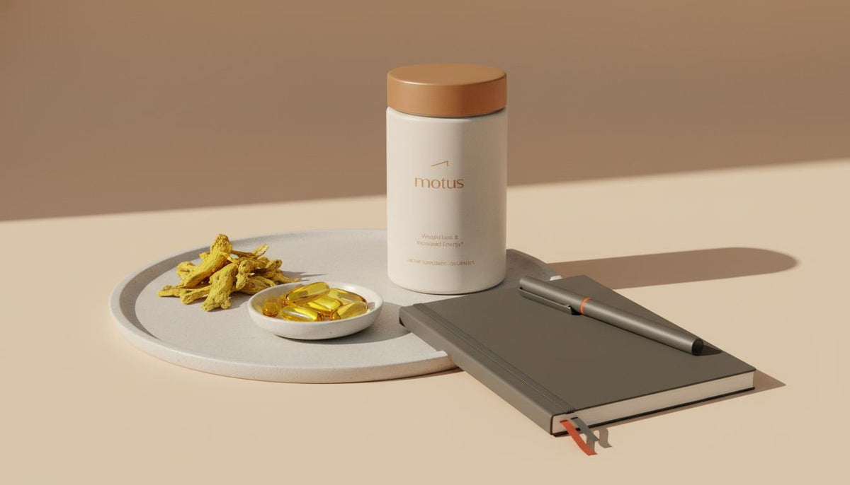Minimalist still-life of berberine root pieces beside the Tonum supplement container and capsules on a warm beige #F2E5D5 background with a clinical notebook nearby