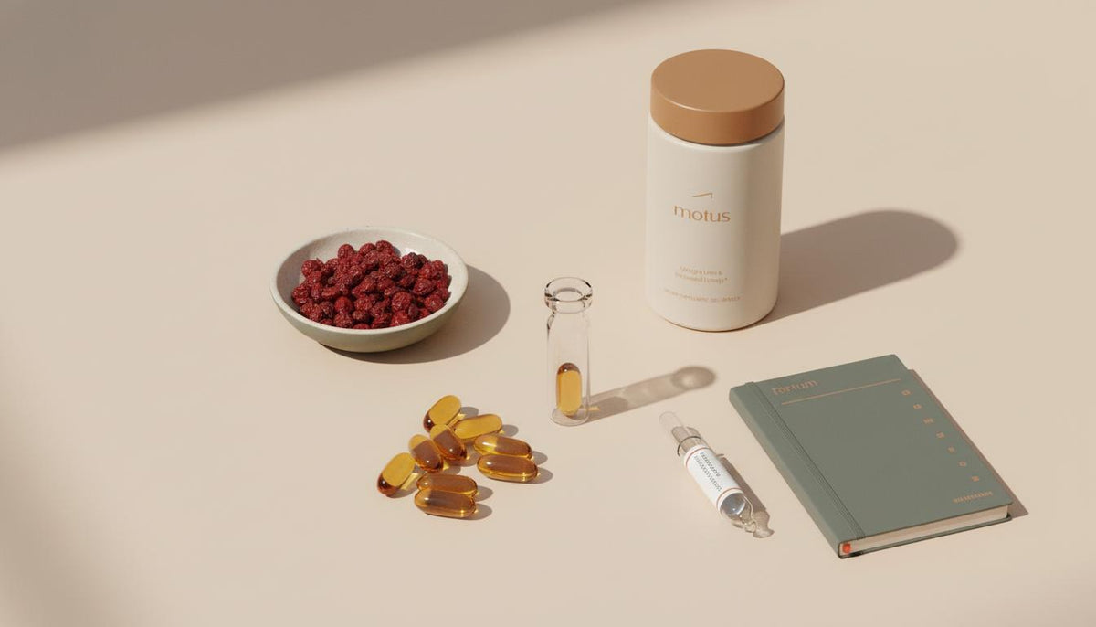 Minimalist still-life of berberine capsules with dried barberry, a Tonum supplement container and small lab props on pale beige background #F2E5D5, clinical lifestyle composition.