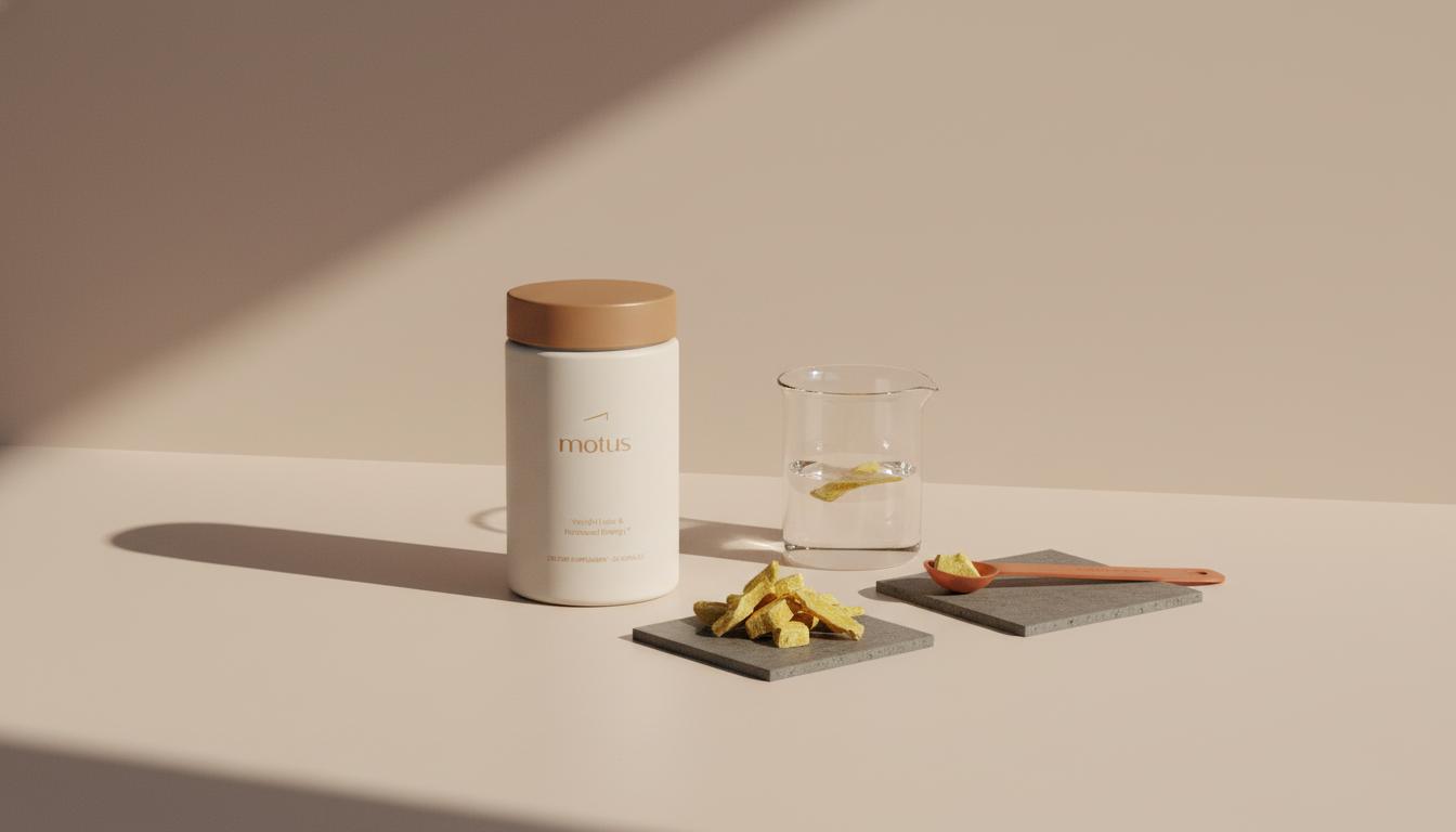 Minimalist still life of Tonum supplement container with yellow berberine root pieces and a lab beaker on matte beige #F2E5D5 background highlighting berberine supplement quality.